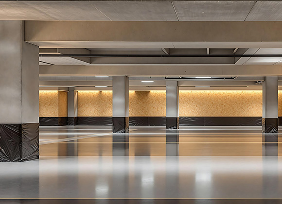 modern empty parking garage with polished floors and warm lighting showcasing design elements and spaciousness ideal for 10 vehicles
